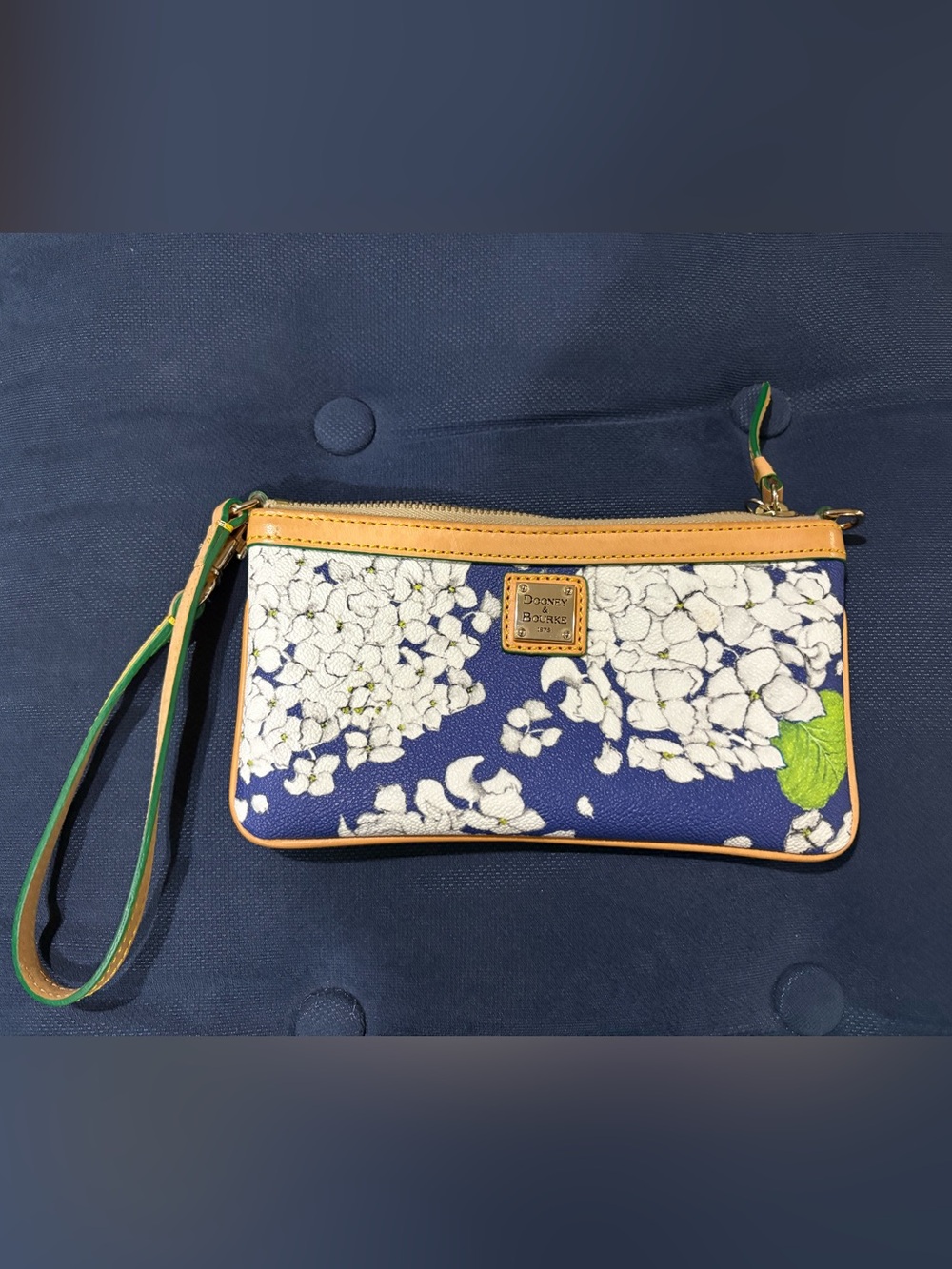 Dooney & Bourke Navy with White Hydrangea Wristlet with Tan Trim